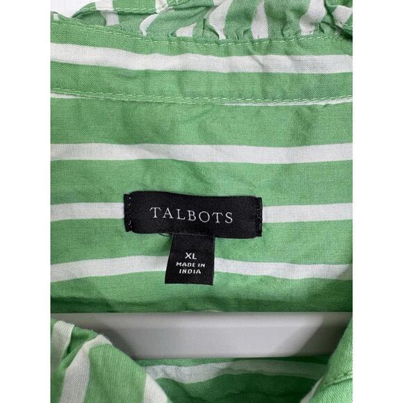 Talbots Top Womens XL Striped Button Up Ruffle Collar Kelly Green Cotton Office - Picture 7 of 8
